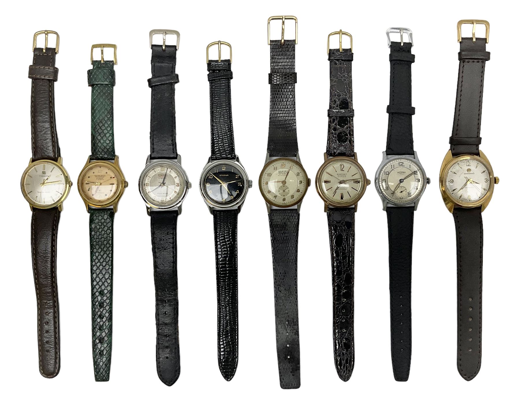 Two automatic wristwatches including Gerrard and Baronet and six manual wind wristwatches including Medana Tissot Seastar-Seven, Roamer, Eterna, Bakobe and Eastend Watch (8)