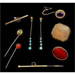 Collection of Victorian and later gold stone set jewellery including pair of turquoise pendant screw back earrings, amethyst brooch, agate and hardstone brooches and stick pins, gilt brooch and a gold plated propelling pencil