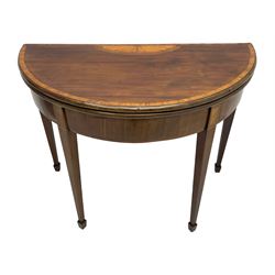 George III inlaid mahogany card table, demi-lune fold-over top with satinwood band and large fan motif, baize lined interior, double gate-leg action base, on square tapering supports with spade feet