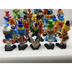 Large quantity of Murano glass clowns, to include larger examples, in two boxes