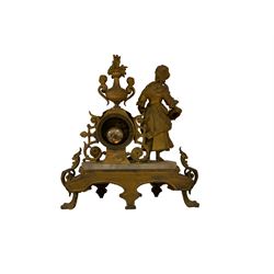 French - 19th century Spelter and Alabaster 8-day mantle clock, on a raised base with a figure of a lady in 18th century costume, enamel dial with Roman numerals and steel moon hands, striking the hours on a bell. 