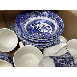 Large collection of blue and white ceramics, to include Spode Italian pattern with blue mark, Wood and Sons Yuan, pickle dish, Delft style etc, dinner plates, tea wares, bowls etc in six boxes