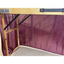 'Z' gauge continental scenic layout with folding legs, various loops of track and sidings with overhead cables, buildings including water tower, tunnels, roads with motor vehicles and figures, trees, haven with boats, backdrop diving wall hiding control units 150 x 50cm