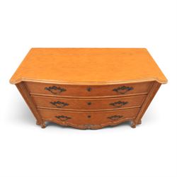 And So To Bed - 'Louis XV' large cherrywood chest, bowed shaped top above three long graduating drawers, blackened metal handles and escutcheons, raised on scrolled supports with carved foliate knees 