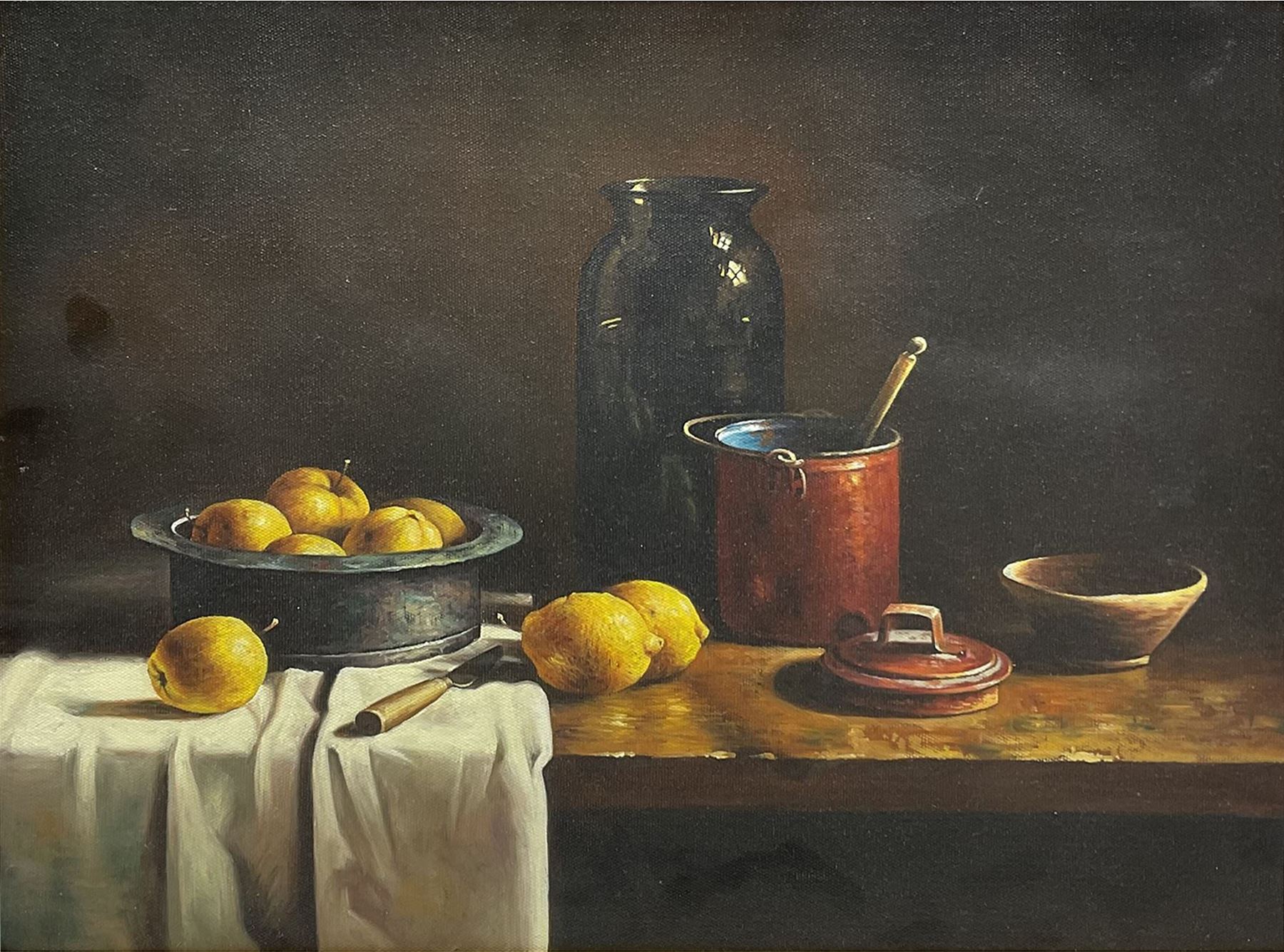 Peter J Bailey (British 1951-): Still Life of Fruit and a Copper Pan, oil on canvas unsigned, signed with monogram and inscribed 'To Ken' on the frame verso 30cm x 40cm