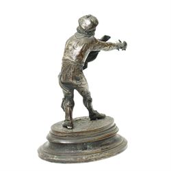 Early 19th century bronze 'go to bed' in the form of a seated Chinese figure on a rococo base W11cm and a plated on copper figure of a swordsman H12cm (2)