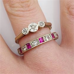 White gold synthetic stone set ring, with bright cut decoration sides and a gold three stone diamond chip ring, both 9ct