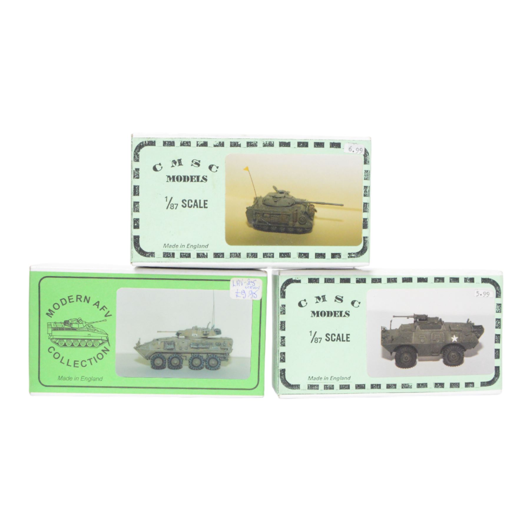Nine military vehicle model kits, including five 1:76 and 1:87 scale Continental Model Supply Company kits, three 1:76 scale Milicast Premiere Range kits and a Calibre 35 1:35 scale Clark CA-1 Airborne Dozer kit, all boxed