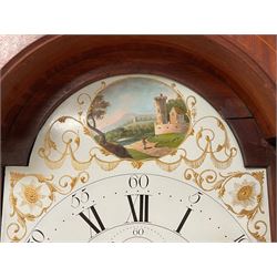 Thomas Greaves of Newcastle - late 18th century 8-day mahogany longcase clock c1790, with a flat topped hood and break arch hood door flanked by pilasters with Corinthian capitals, trunk with canted corners and ogee spire topped trunk door, rectangular plinth on a decorative stepped base,  early painted dial with raised gesso spandrels and a painted oval landscape to the arch, with matching steel hands, Roman numerals, five minute Arabic's and minute markers, subsidiary seconds dial and calendar aperture,  dial pinned via a cast falseplate to a rack striking movement with a recoil anchor escapement, striking the hours on a bell. With pendulum and weights.