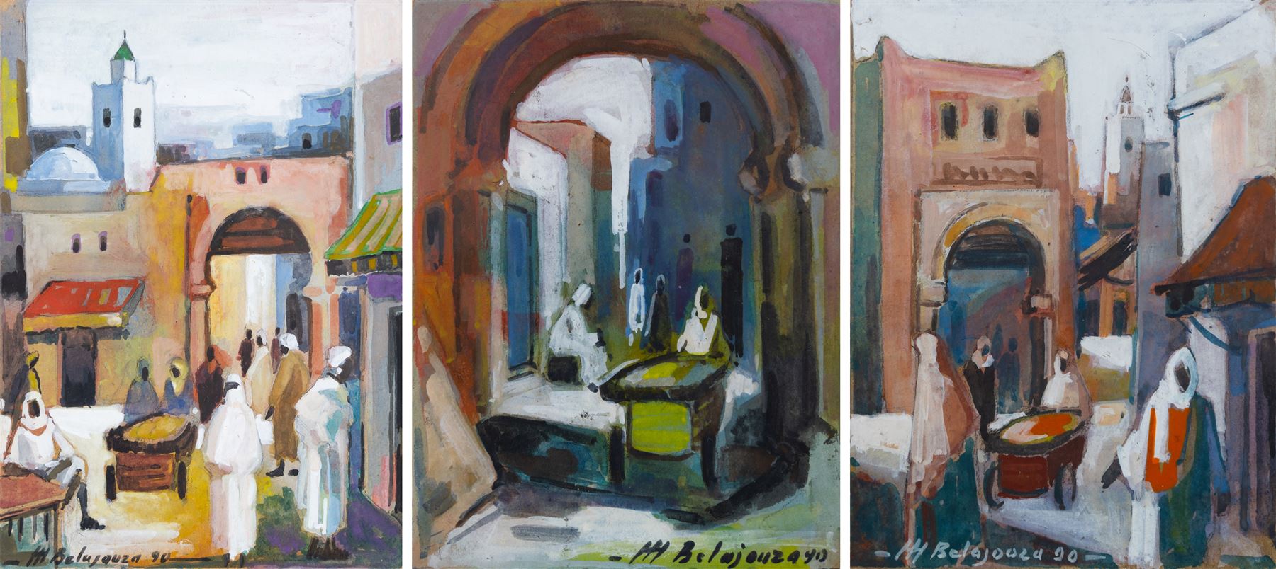 Mohamed Belajouza (Tunisian 20th Century): Streets of Sousse, set of three gouaches signed, max 18cm x 13cm (3)