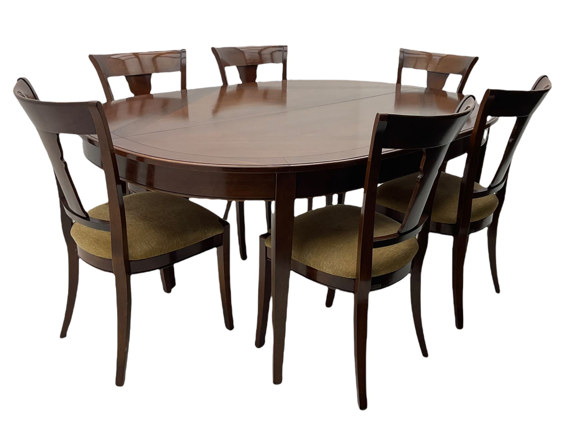 Grange Furniture - cherry wood finish oval extending dining table on square tapering supports, and a set of eight dining chairs with curved backs and upholstered seats 
