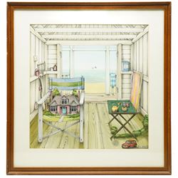 Colin Thompson (British/Australian 1942-): Home in Beach Hut Illustration, ink and watercolour signed 39cm x 37cm Notes: Featured in Thompson's the 'Pictures of Home' book, commissioned by Leeds Permanent Building Society, page 28.