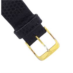 Longines gentleman's 9ct gold manual wind wristwatch, Cal. L847.4, white dial with Roman hour markers, on black leather strap with gilt buckle, boxed with guarantee dated 1980