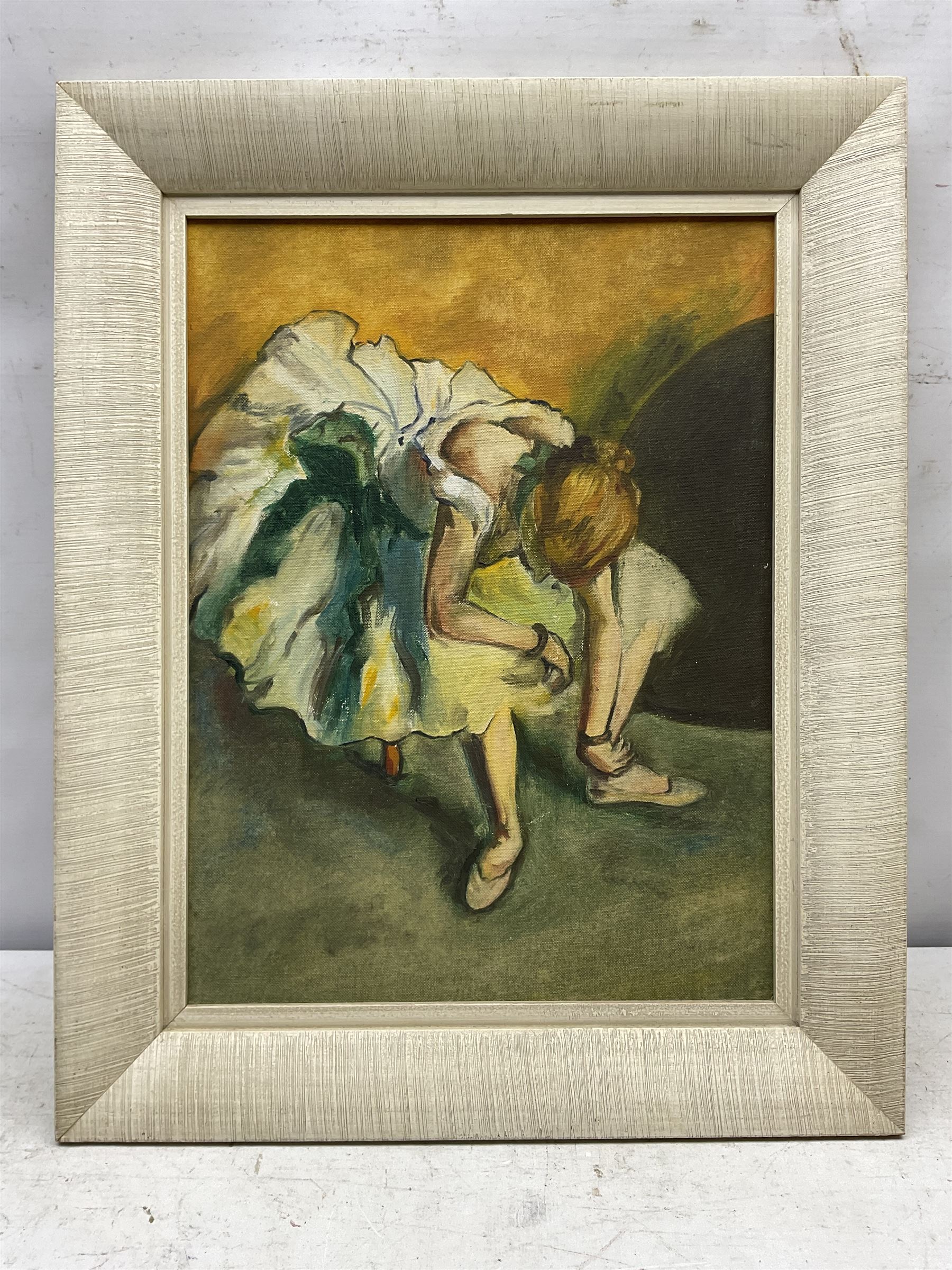 After Edgar Degas (1834-1917): Danseuse Assise - Seated Dancer, oil on board unsigned 40cm x 30cm