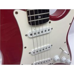 1990s Korean Squier Fender Stratocaster electric guitar in cherry red; serial no.S965951, L98cm