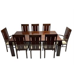 Large American walnut rectangular dining table on square block supports, together with set eight high back dining chairs with cream upholstered seats, the top and chair backs with matching inlaid geometric banding