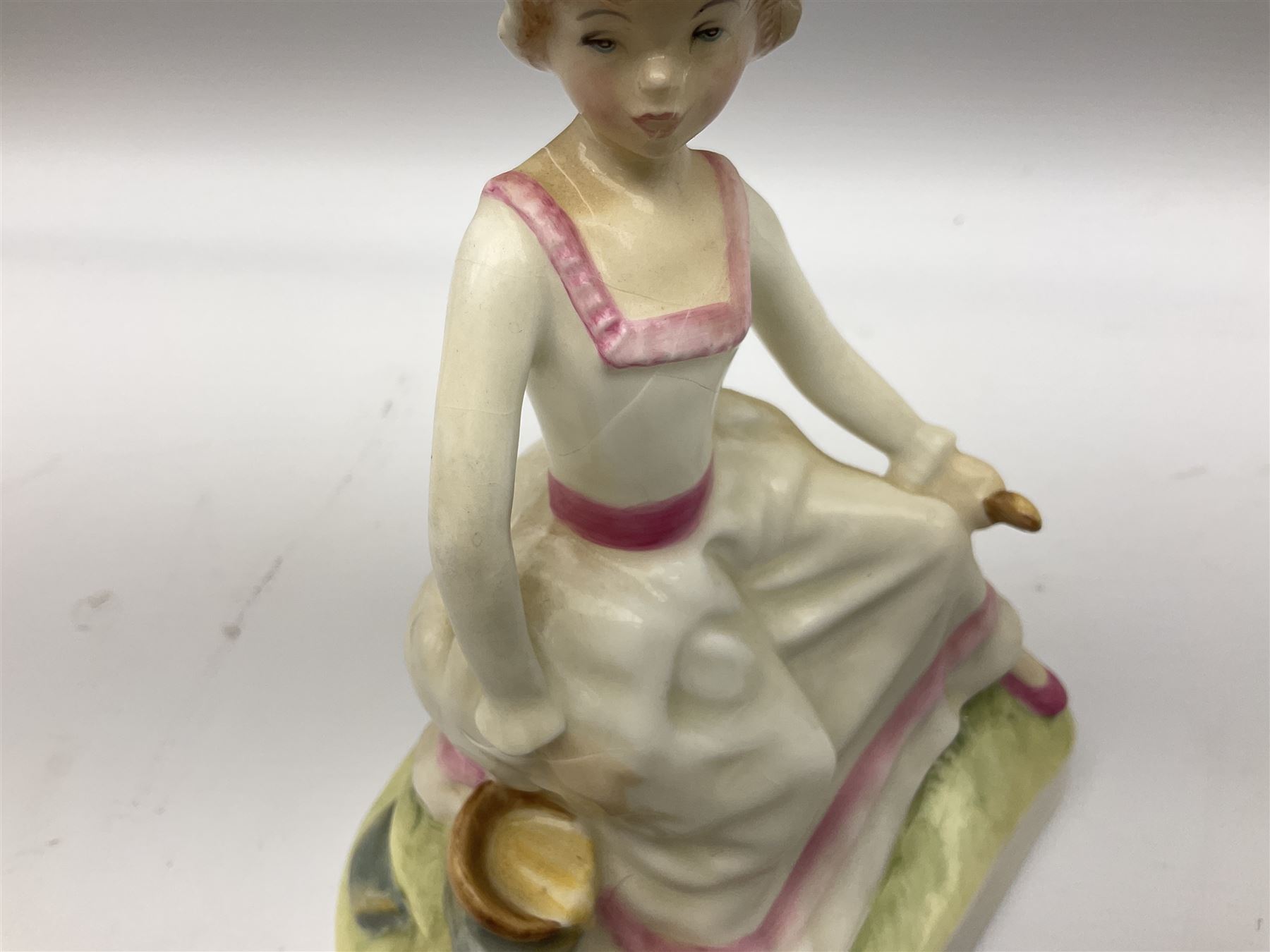 Seven Royal Doulton figures from the Nursery Rhymes Collection comprising, Tom Tom, the piper's son HN3032, Little Jack Horner HN3034, Wee Willie Winkie HN3031, Polly, put the kettle on HN3021, Little Bo-peep HN3030, Little Boy Blue HN3035, Little Miss Muffet HN2727, together with two Royal Doulton Mary had a little lamb figures HN2048 and COPR1948, all with printed marks beneath  