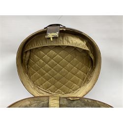 Early 20th century black silk top hat by Woodrow of Manchester and London, with manufacturer's stamp to the silk lined interior, housed in fitted tan leather hat box with removable internal compartments with straps, brass escutcheon and engraved plaque, hat internal measurements approx 20cm x 15cm