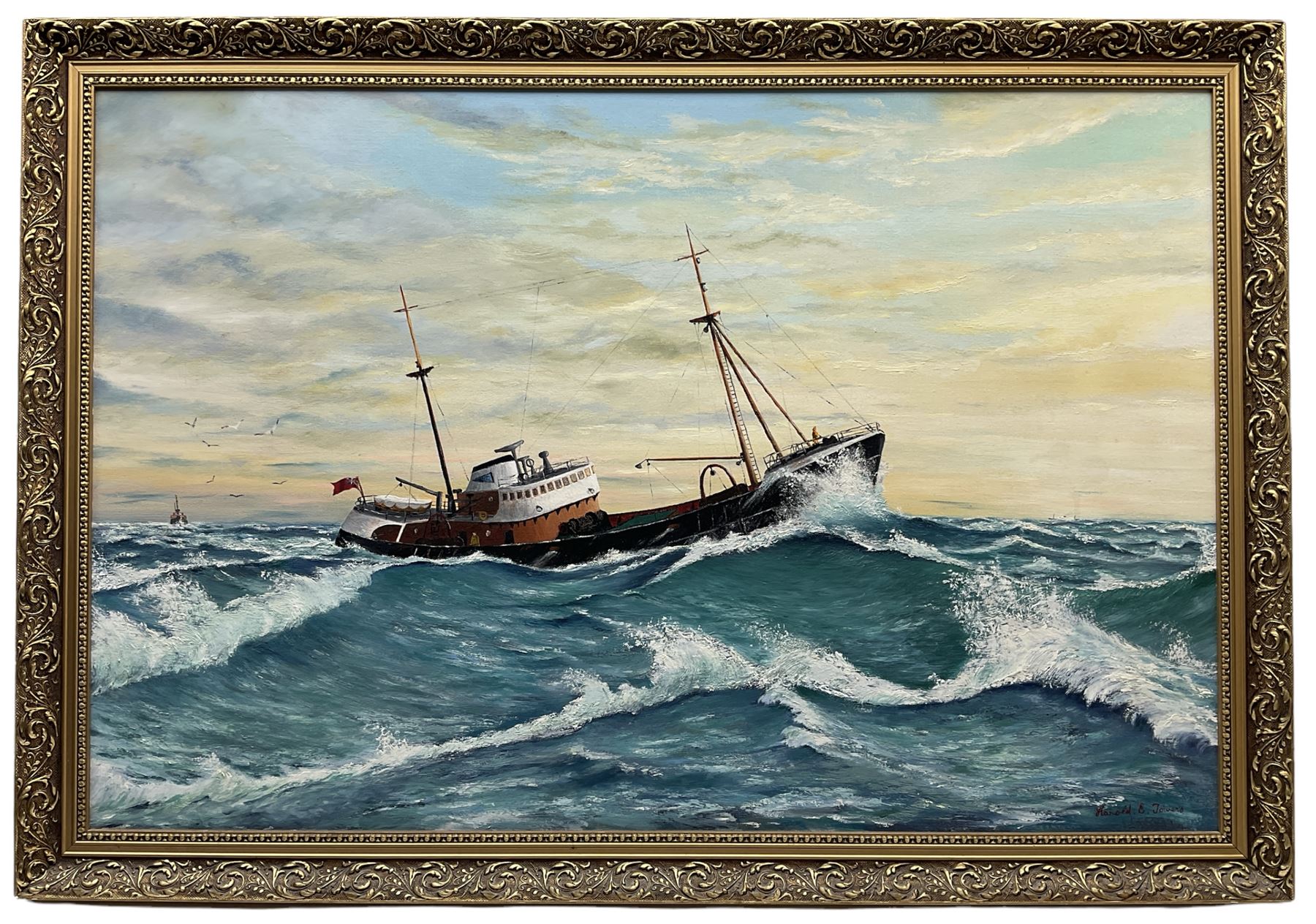 Harold E Towers (British 20th century): English Fishing Trawler at Dawn, oil on canvas signed 60cm x 90cm