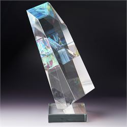 Toland Sand (American Contemporary): The Wedge - sculptural form made from cut, ground, polished and laminated optical glass with dichroic glass inclusions, signed and numbered 1225, 6-99. H39cm