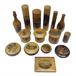 Collection of Mauchline ware and similar relating to sewing, to include pin cushions, thimble holders and needle cases (15)