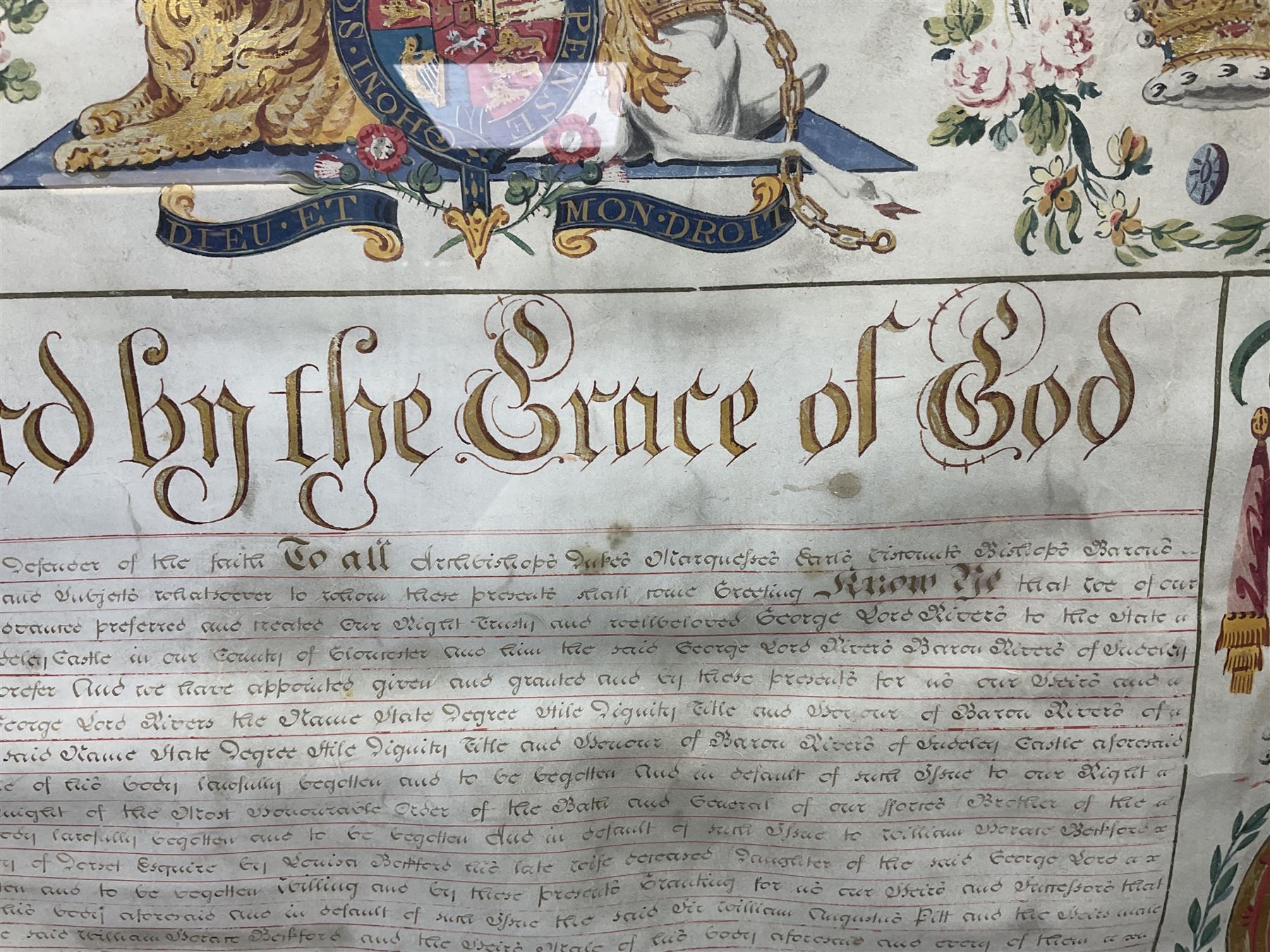 Large 18th century framed and glazed Indenture for King George III to George Rivers, Lord Rivers of Straths Saye, including frame H92.5cm L107.5cm