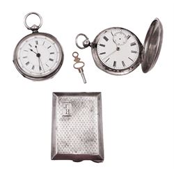 Victorian silver full hunter lever pocket watch, hallmarked John Hammon, London 1876, together with a Victorian silver Chronograph pocket watch, with personal engraving to inside case,  hallmarked Leopold Bessire, Birmingham 1887, and a 1930s silver match case, with engine turned decoration and engraved initials, hallmarked Walker & Hall, Chester 1933