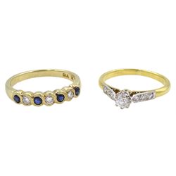 Gold single stone old cut diamond ring, with diamond set shoulders, stamped 18ct, principle diamond approx 0.25 carat and a 9ct gold sapphire and diamond half eternity ring, hallmarked