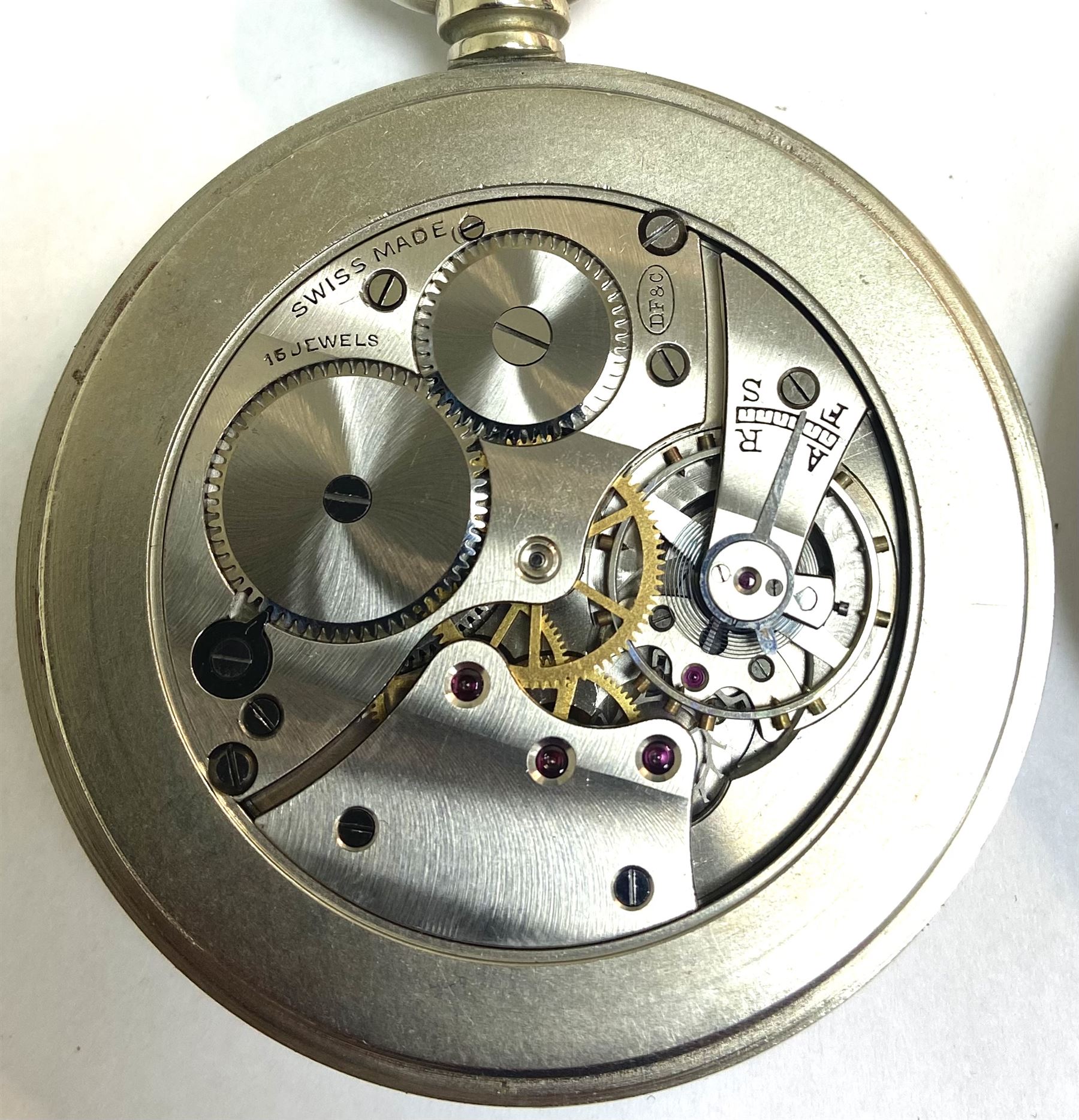 Railroad chrome open face keyless Swiss lever pocket watch, white enamel dial with Roman numerals and subsidiary seconds dial signed Limit No 2, the screw back case engraved L.N.E.R. 7515