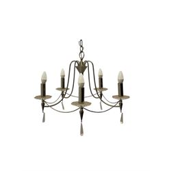 Contemporary black wrought iron six-light chandelier with drip trays and faux candle sleeves; polished chrome six-light chandelier with crystal droplets and cylindrical candleholders (2)