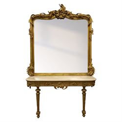 Large late 19th century Rococo revival giltwood and gesso pier mirror, the rounded rectang...