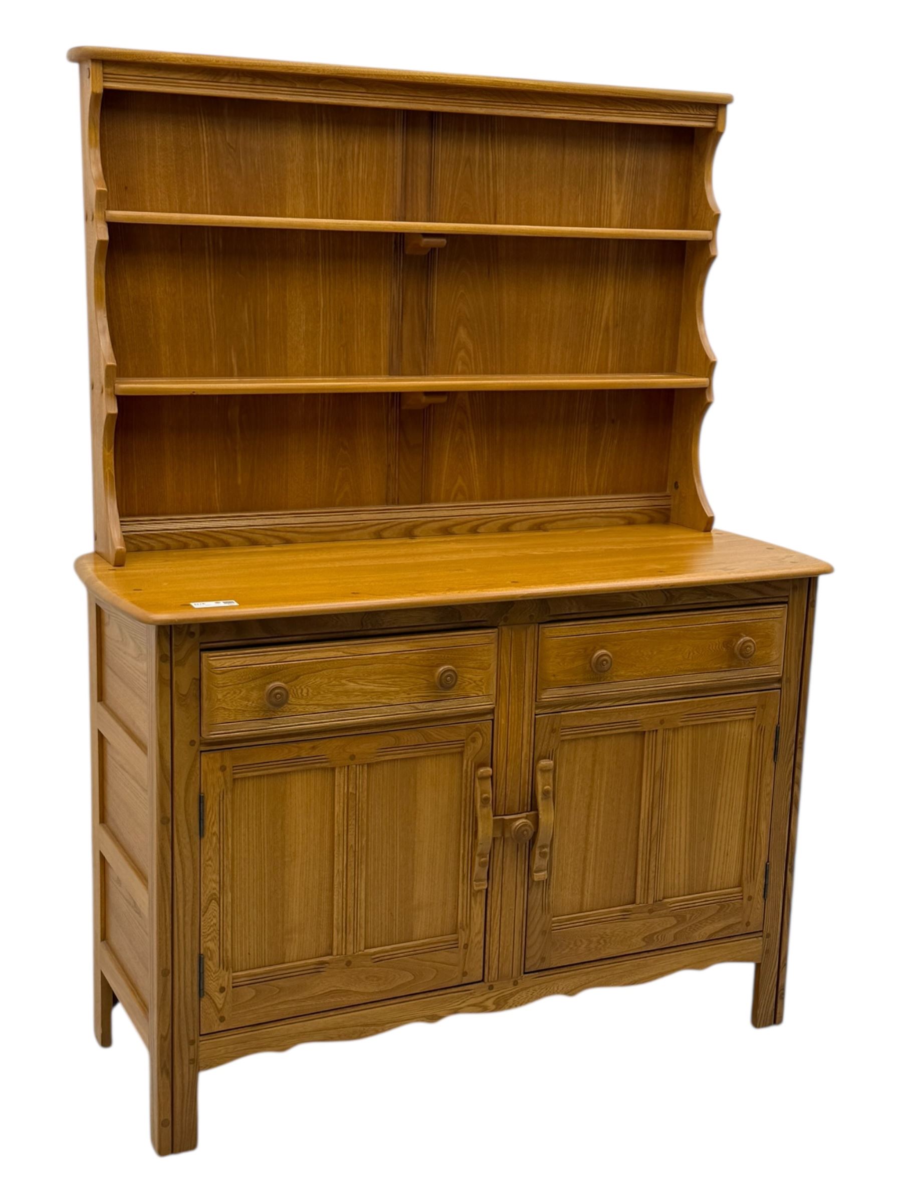 Ercol - golden dawn light elm dresser, plate rack above two drawers and two cupboard doors with sliding wooden lock mechanism 