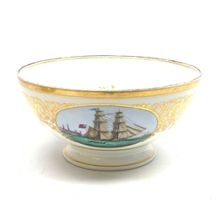  19th century Elsinore porcelain bowl decorated with an oval cartouche depicting an English Schnooer with a gilt scrolling foliate border, indistinctly inscribed verso, base inscribed From A.L. Moller, Elsinore D27.4cm   