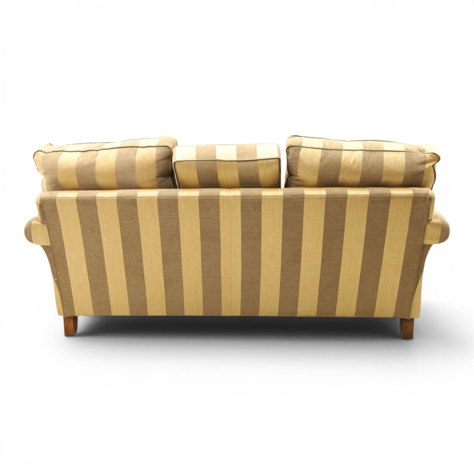 Alstons - 'Ixworth' three seat sofa, upholstered in striped fabric, with loose seat cushions and scrolled arms, front brass castors