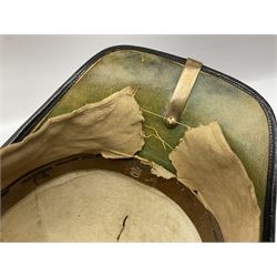 Post-1902 Welsh Regiment Officer's Home Service Blue Cloth Helmet with gilt metal King's crown helmet plate to the front, a removable spike to the top on a shaped cruciform base with rosette fittings, rosette side bosses, brass trim to the front peak, and leather and velvet backed chin scales, with sweat band, the interior with the remains of a makers label at the address 1,3 & 5 Lexington Street, Golden ? London W (presumably Hobson & Sons)