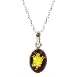 Silver amber engraved rose oval pendant necklace, stamped 925