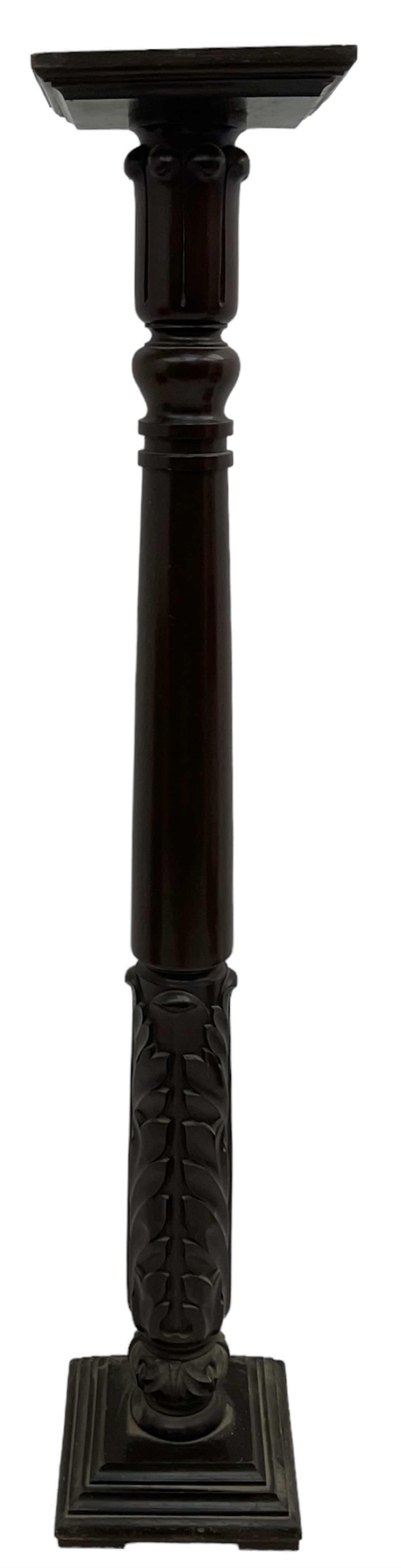 Victorian mahogany torchère or plant stand, square moulded top over turned column with lappet capital, carved with acanthus leaves, on stepped moulded square base