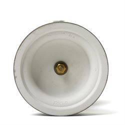 Wedgwood 20th century 'Dancing Hours' jasperware urn, the upper section decorated with a single band of neoclassical maidens in white to a black basalt ground, rising from a circular plinth decorated with foliate motifs, complete with cover with acorn finial, stamped 'Wedgwood Made in England', H25cm 