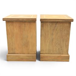 Barker & Stonehouse - contemporary flagstone and mango wood bedside cabinets, square top with inlaid flagstone, above three drawers with metal ring pull handles, raised on a plinth base with bracket feet