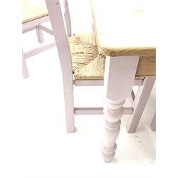 Rectangular painted pine farmhouse table (90cm x 180cm, 78cm), and eight painted dining chairs with rush seats