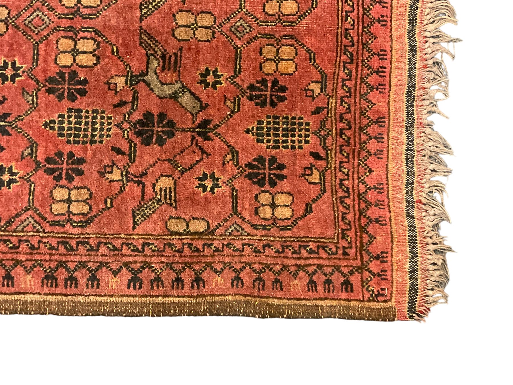 Old Afghan red ground rug, decorated with repeating bird motifs, the guarded border with candelabra pattern (150cm x 104cm); and antique Afghan burnt orange ground rug, field decorated with octagonal lozenges, repeating geometric border (134cm x 95cm) (2)