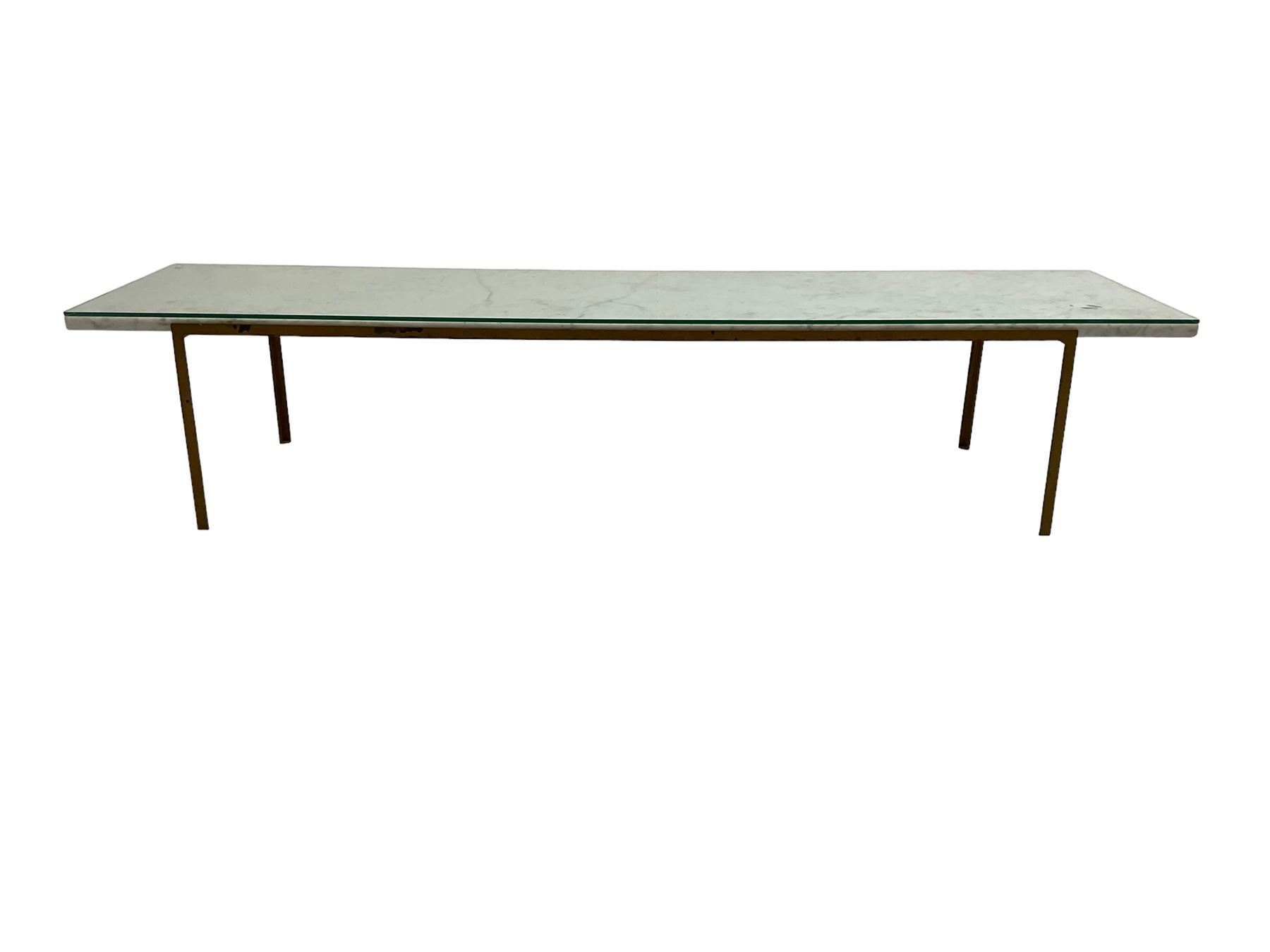 Long narrow rectangular marble top coffee table, on wrought metal base