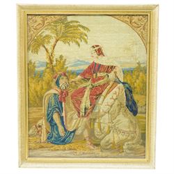 Set of five Victorian petit point needlework samplers, depicting various religious and continental scenes, framed, largest including frame 63cm x 56cm (5)