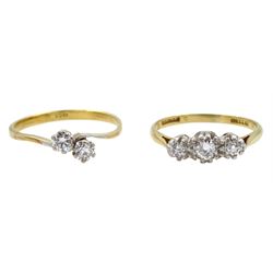 Early 20th century 18ct gold three stone old cut diamond ring by S Blanckensee & Sons Ltd and an 18ct gold two stone diamond crossover ring, each ring diamonds approx 0.15 carat total