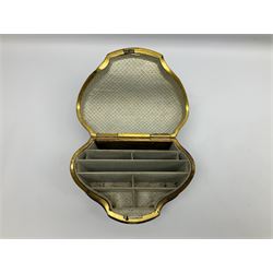 Victorian papier-mâché stationary box, of rounded wedge form with mother of pearl escutcheon, the hinged and curved cover and sides hand painted with floral sprays, opening to reveal a lined and fitted interior, H15cm L22cm D16cm