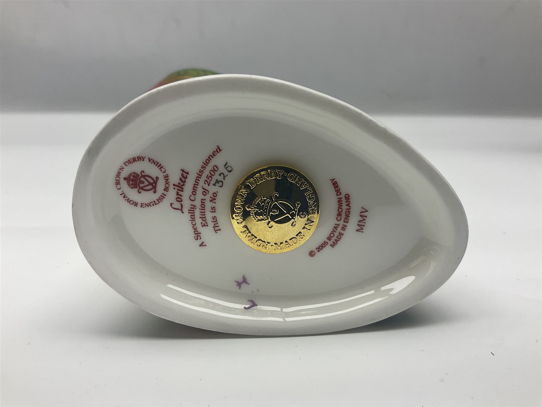 Royal Crown Derby paperweight, Lorikeet, limited edition 325/2500, with gold stopper and printed mark beneath, with certificate and original box