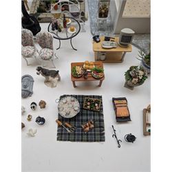 1:12 scale dolls house conservatory and garden accessories, including white wooden glazed conservatory on a stone effect base, black and white metal garden seating, barbecue, plant shelves, parasol, barbeque accessories, large planters, rabbit hutch, animals, chimenea, etc