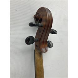 Chinese Parrot violin with 35.5cm two-piece back; L59.5cm in carrying case; and early 20th century German violin for restoration; bears label 'Antonius Stradivarius Faciebat Anno 1730'; cased with bow (2)