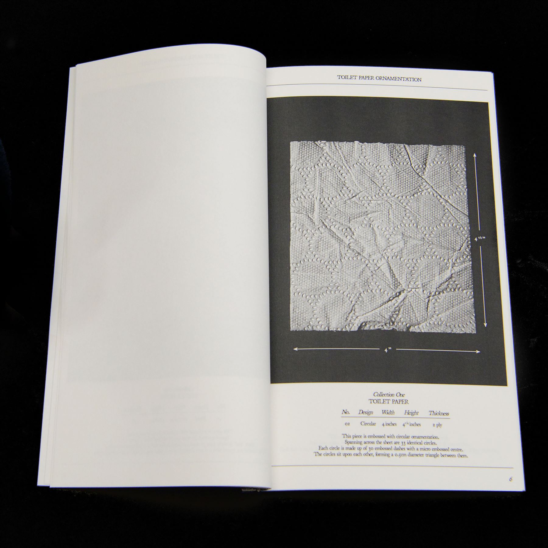 Alice Aldis (British 2002-); 'Toilet Paper Ornamentation - Collection One', hand-bound catalogue; together with three transfer-printed plates, largest D20cm 