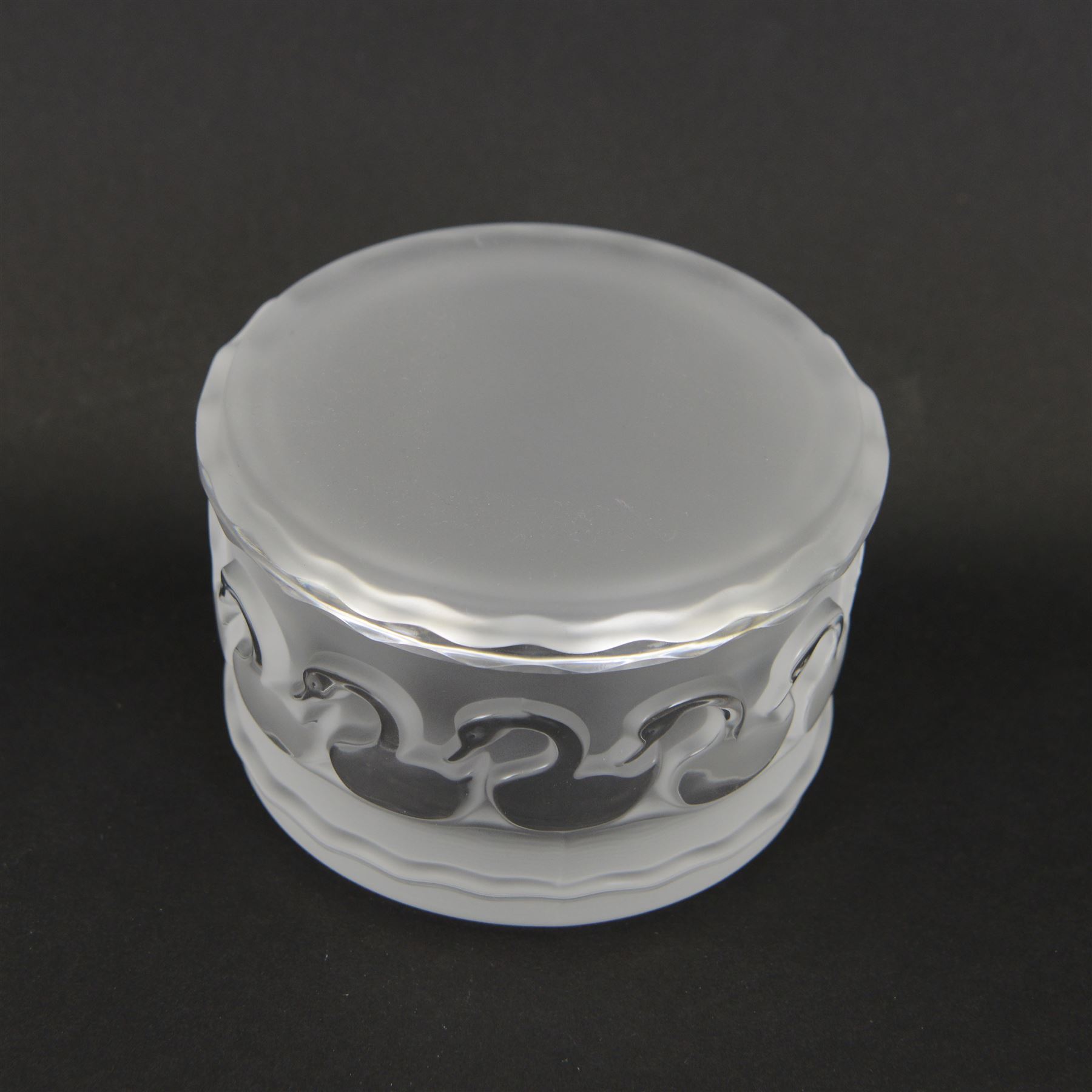 Lalique circular powder bowl and cover, decorated with swans, signed to base, D11cm 